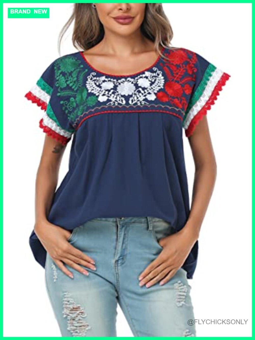 Mexican Embroidered Peasant Blouse Lace Sleeve Cotton Loose Fit Summer Top